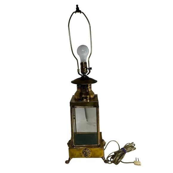 Vintage Brass Lion Head Claw Footed MCM Brass Table Lamp Glass Display Case 30" - Picture 1 of 5
